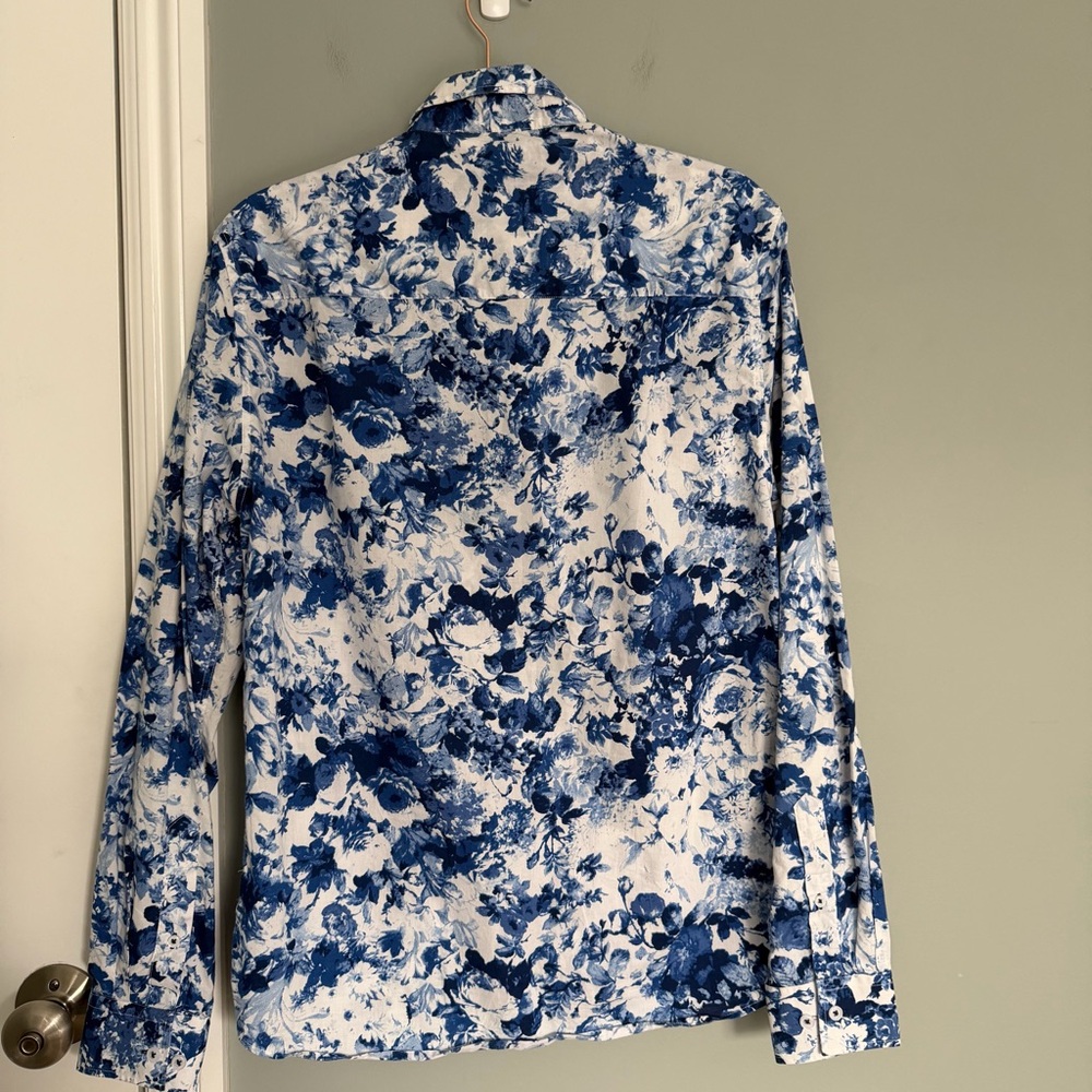 Nick Graham 100% Cotton Modern Fit Blue White Floral Men's Button Down Shirt - Picture 9 of 14